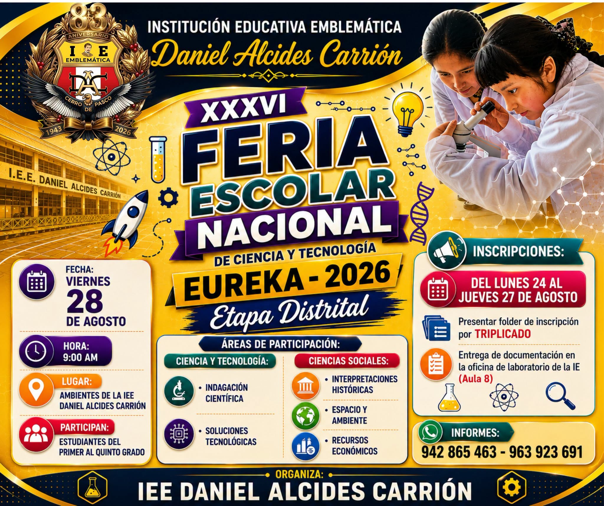 Flyer XXXVI FERIA ESCOLAR NACIONAL DE CIENCIA Y TECNOLOGÍA EUREKA 2026